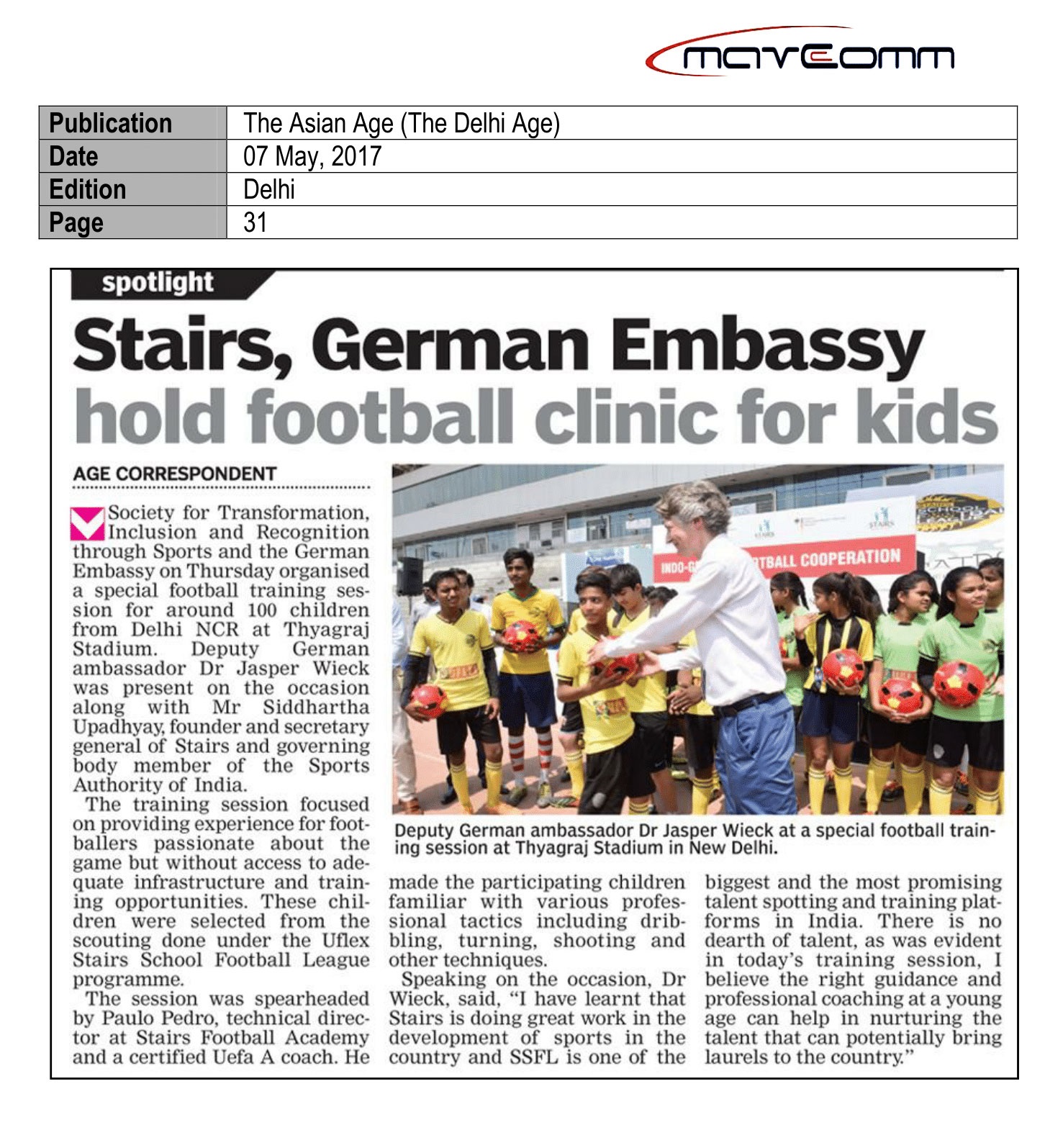 Stairs German Embassy,hold Football Clinic For Kids