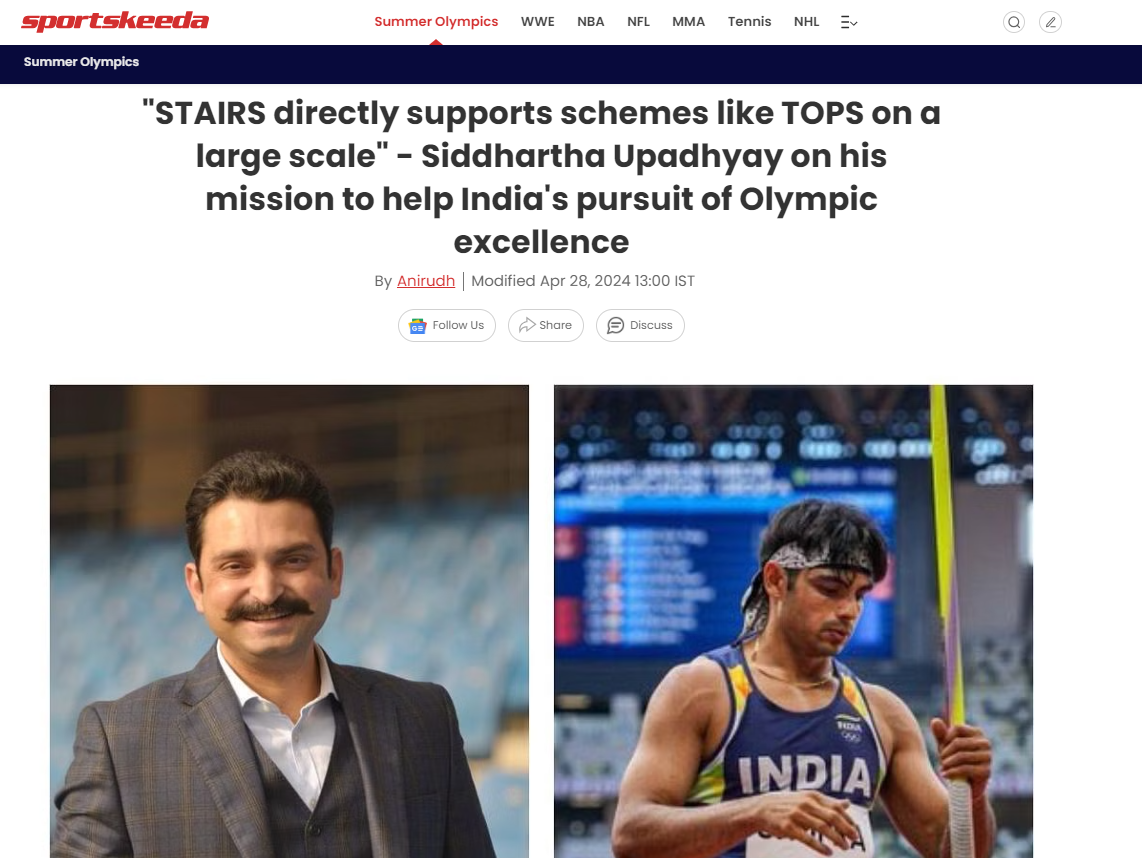 STAIRS Directly Supports Schemes Like TOPS On A Large Scale - Siddhartha Upadhyay On His Mission To Help India's Pursuit Of Olympic Excellence